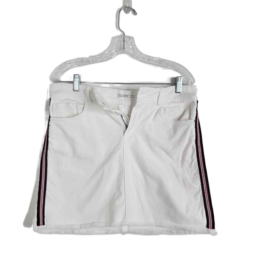 Zara Basic White Denim Mini Skirt Side Stripes Front Pockets Belt Loops Large - Picture 3 of 9
